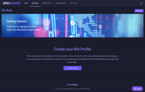 Apex Trader dashboard showing the bot ceation screen with setup steps for creating a trading bot profile.