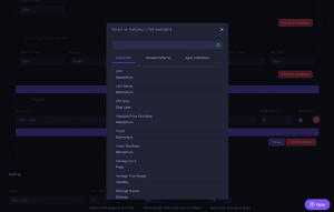 Apex Trader interface showing the list of 108 available technical indicators, including ADX, ATR Stop, and Bollinger Bands.