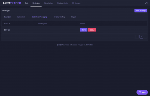 Apex Trader strategies dashboard showing dollar cost averaging (DCA) trading setup with options to clone or delete strategies.