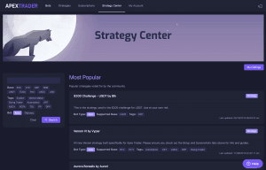 Apex Trader Strategy Center showing popular automated crypto trading strategies, including $200 Challenge and Venom VI setups.