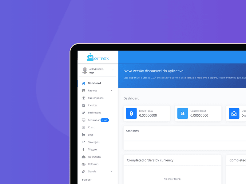BotTrex crypto trading dashboard displayed on a tablet showing trading statistics and Bitcoin balance
