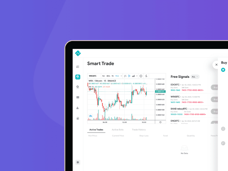 The cardcover nexfolio screen shows a cryptocurrency trading platform with a candlestick chart, trading options, free signal lists, and menu icons on a purple background.
