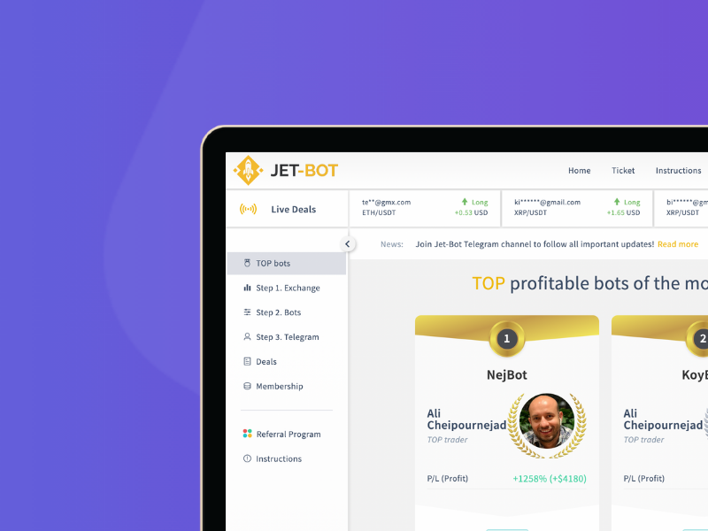 Jet-Bot trading dashboard on tablet showing top profitable crypto trading bots of the month
