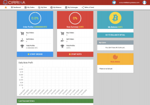 CIRRINA automated crypto trading dashboard showing order profits, bot summaries, and daily trading performance chart.