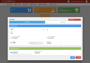CIRRINA trading bot add order screen showing automated buy and sell order setup for crypto trading.