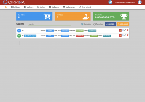 Crypto bot order management screen showing buy and sell orders, profit tracking, and execution status on the CIRRINA trading platform.