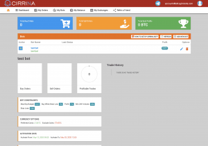 Crypto trading bot dashboard showing bot performance, trade settings, and profit tracking on the CIRRINA platform.
