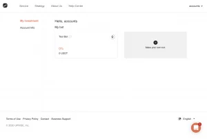 Crypto trading bot dashboard showing My Investment section with Test Bot performance and option to create a new bot.