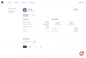 Crypto trading bot dashboard showing VB Challenge investment summary, profit, and asset performance linked with Binance.