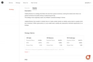 Volatility Breakout crypto trading strategy details with VB Safe, VB Balance, and VB Challenge performance comparisons.