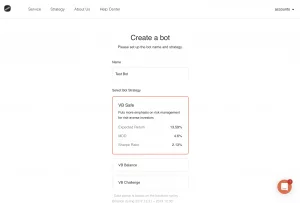 Crypto trading bot creation screen showing VB Safe strategy with focus on risk management and stable returns.