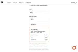 Crypto trading bot setup page showing strategy options including VB Safe, VB Balance, and VB Challenge.