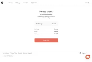 Crypto trading bot setup confirmation screen showing Binance exchange and test bot details.