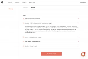 HEYBIT crypto investment FAQ page explaining strategy, backtesting, and profit guarantees.