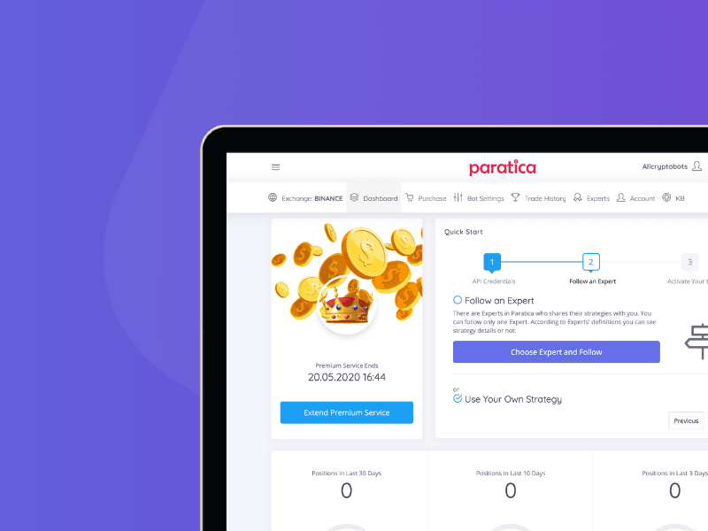 Paratica crypto trading platform dashboard showing premium service status and expert strategy setup interface.
