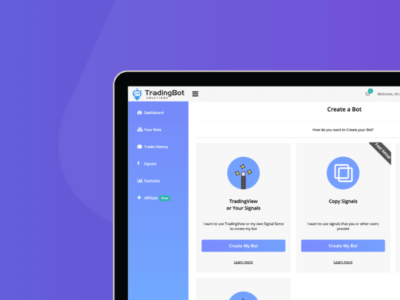 TradingBot Solutions dashboard interface for creating automated trading bots using TradingView or copy signals.
