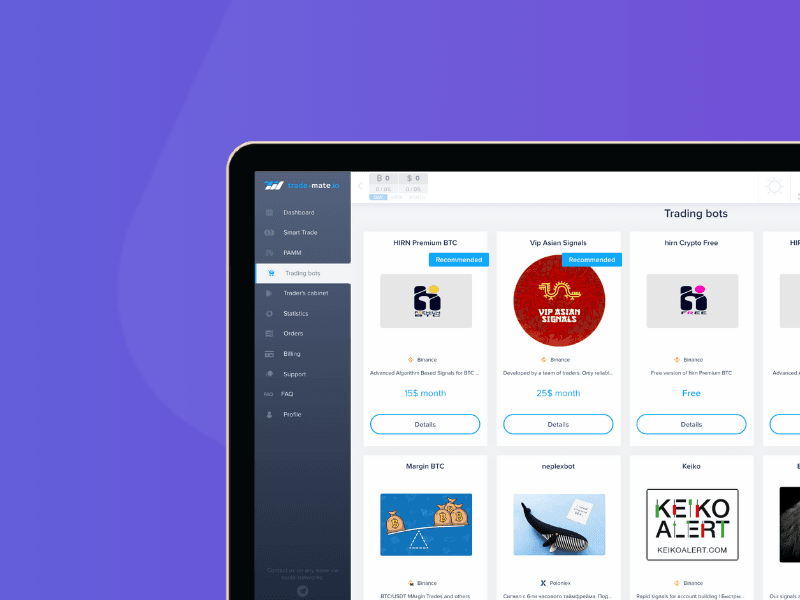 Trade-Mate.io trading bot dashboard on tablet screen showing automated crypto signal services and subscription options.