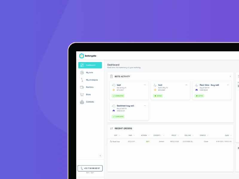 Botcrypto dashboard interface on a laptop showing automated crypto trading bot activity and recent orders.
