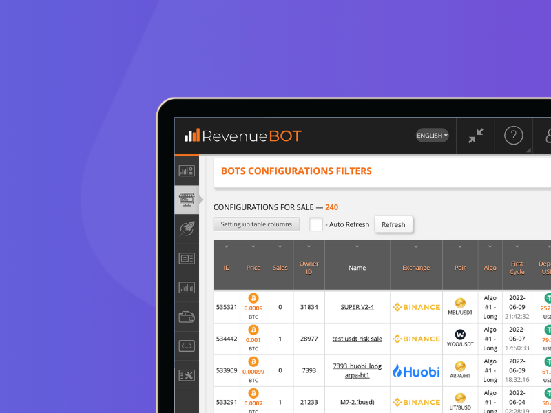 RevenueBOT trading platform interface displayed on a laptop screen showing bot configurations for sale.