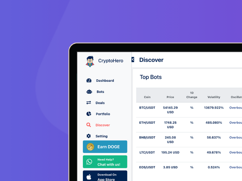 Tablet screen showing the CryptoHero Discover dashboard with a list of top-performing crypto trading bots on a purple background.