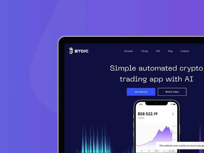 Stoic AI automated crypto trading app homepage with performance chart and Get Started button.