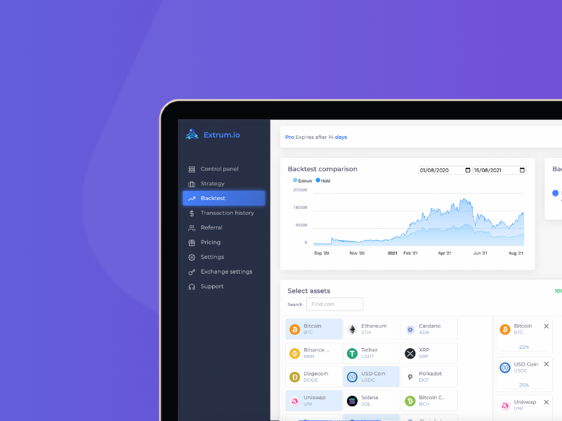 Extrum.io crypto portfolio backtesting dashboard comparing strategy and holding performance over time.