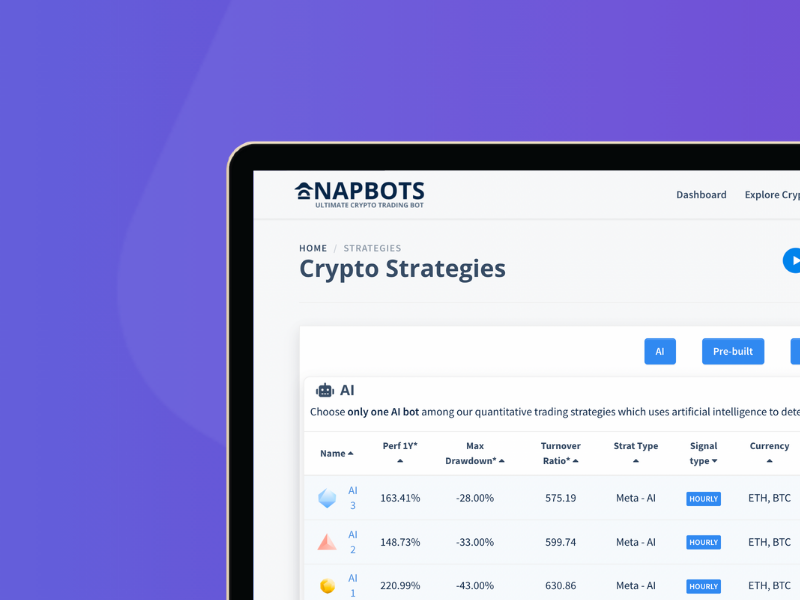 Napbots crypto trading platform displaying AI-based quantitative strategies with performance, drawdown, and turnover metrics.