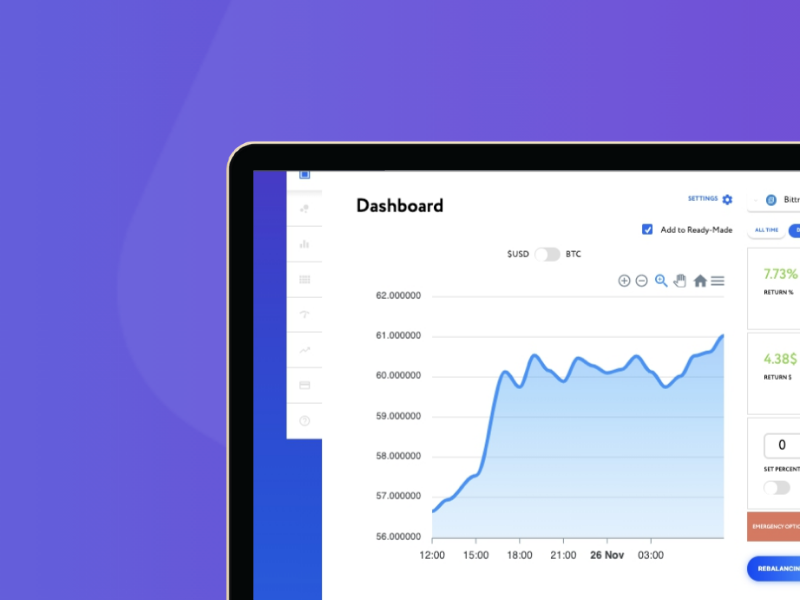 Napbots crypto trading dashboard on laptop showing Bitcoin return analytics and performance chart.