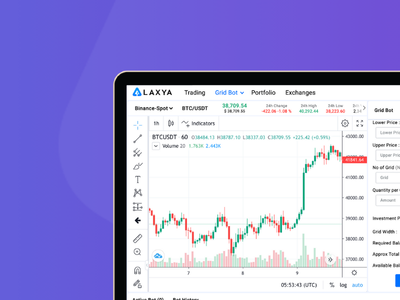 Laxya trading platform interface showing Bitcoin price chart and grid bot configuration panel for automated crypto trading.