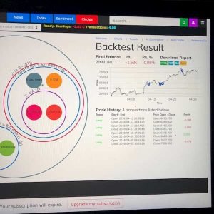 Cryptocurrency trading backtest dashboard showing performance results, profit chart, and trade history.