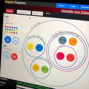 Crypto Theorem visual algorithm editor showing circular data nodes and trading logic configuration.
