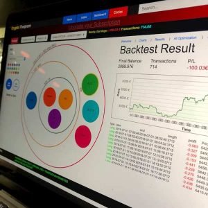 Crypto Theorem backtesting dashboard showing algorithm performance results, visual logic circles, and profit-loss chart for cryptocurrency strategy testing.
