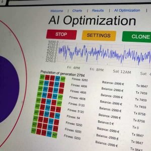 Crypto Theorem AI optimization dashboard showing algorithmic trading fitness results, balance metrics, and performance graph.