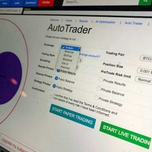 Crypto Theorem AutoTrader interface showing exchange options, privacy settings, and live or paper trading setup.