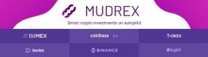 Mudrex banner showing supported crypto exchanges including Binance, Coinbase Pro, OKEX, BitMEX, Bybit, and Deribit.