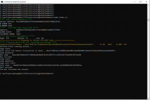 Command prompt showing a blockchain trading bot script simulating Ethereum front-running activity with Uniswap transaction logs.