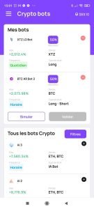 Napbots mobile crypto bot dashboard showing XTZ and BTC automated trading bots with allocation and performance metrics.