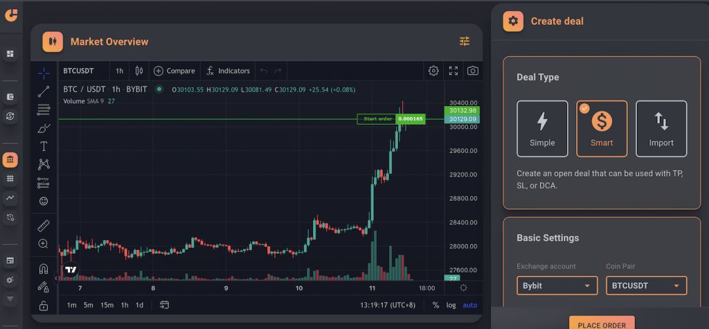 Trading bot interface showing Bitcoin to USDT chart with smart deal creation settings on Bybit exchange.