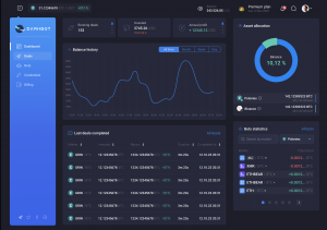 Crypto trading dashboard displaying balance history, asset allocation, and bot performance statistics.