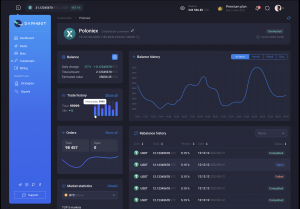 Poloniex trading dashboard showing balance history, trade activity, and rebalance records in a crypto portfolio.
