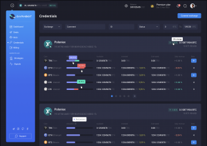 Crypto trading dashboard showing Poloniex exchange credentials, asset allocations, and daily performance metrics.
