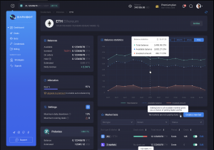 Crypto trading dashboard showing Ethereum (ETH) balance statistics, allocation, and performance analytics.