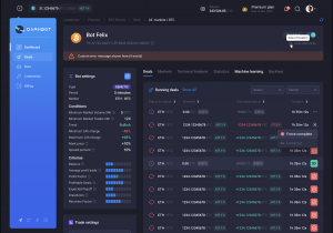 Dark-themed crypto trading bot dashboard showing running deals and machine learning metrics for Bot Felix.