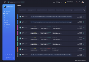 Dark-themed crypto trading bot dashboard showing ETH/BTC deal history and investment details.