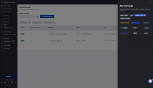 Dashboard view of WunderTrading showing connected Binance and Bybit exchange accounts with an option to add new exchanges.