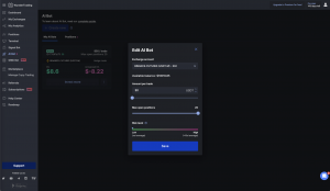 WunderTrading AI Bot settings panel showing Binance Futures account, trade amount, risk level, and active trading positions.
